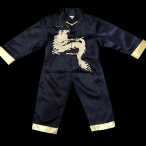 Kids SZ 2-3 NEW Authentic Chinese Embroidered Dragon Navy & Gold 2 pc Pajamas